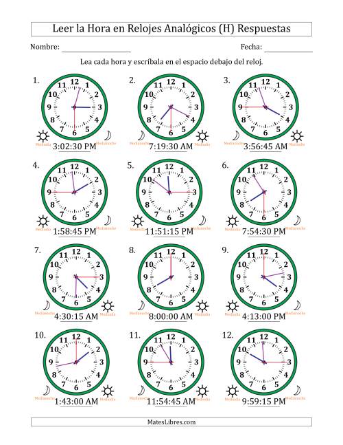La hoja de ejercicios de Leer la Hora en Relojes Analógicos de 12 Horas en Intervalos de 15 Segundo (12 Relojes) (H) Página 2