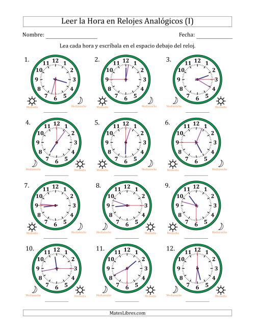 La hoja de ejercicios de Leer la Hora en Relojes Analógicos de 12 Horas en Intervalos de 15 Segundo (12 Relojes) (I)