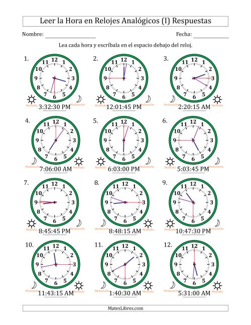 La hoja de ejercicios de Leer la Hora en Relojes Analógicos de 12 Horas en Intervalos de 15 Segundo (12 Relojes) (I) Página 2
