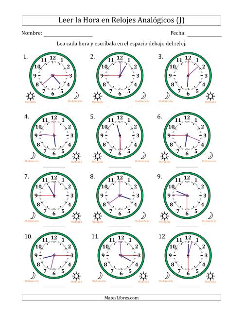 La hoja de ejercicios de Leer la Hora en Relojes Analógicos de 12 Horas en Intervalos de 15 Segundo (12 Relojes) (J)