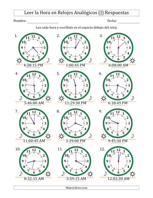 La hoja de ejercicios de Leer la Hora en Relojes Analógicos de 12 Horas en Intervalos de 15 Segundo (12 Relojes) (J) Página 2