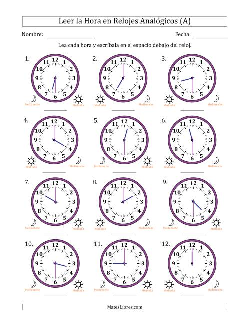 La hoja de ejercicios de Leer la Hora en Relojes Analógicos de 12 Horas en Intervalos de 30 Minuto (12 Relojes) (A)