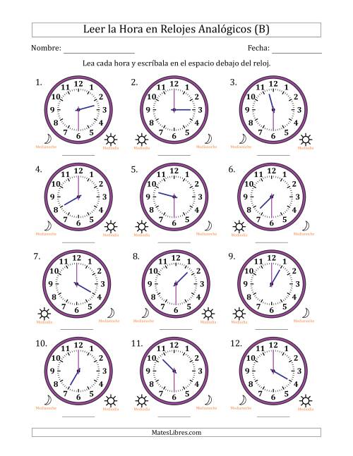 La hoja de ejercicios de Leer la Hora en Relojes Analógicos de 12 Horas en Intervalos de 30 Minuto (12 Relojes) (B)