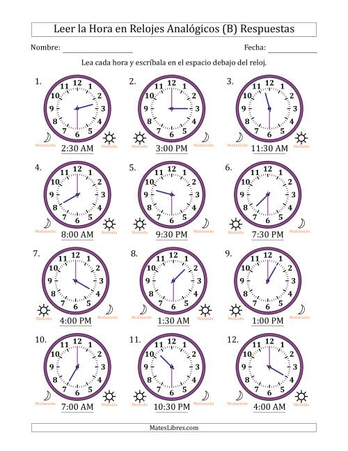 La hoja de ejercicios de Leer la Hora en Relojes Analógicos de 12 Horas en Intervalos de 30 Minuto (12 Relojes) (B) Página 2
