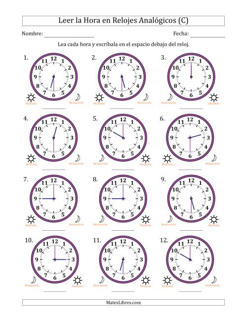 La hoja de ejercicios de Leer la Hora en Relojes Analógicos de 12 Horas en Intervalos de 30 Minuto (12 Relojes) (C)