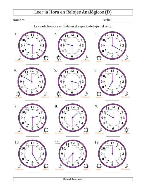 La hoja de ejercicios de Leer la Hora en Relojes Analógicos de 12 Horas en Intervalos de 30 Minuto (12 Relojes) (D)