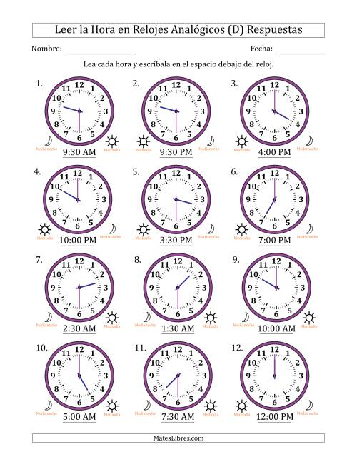 La hoja de ejercicios de Leer la Hora en Relojes Analógicos de 12 Horas en Intervalos de 30 Minuto (12 Relojes) (D) Página 2