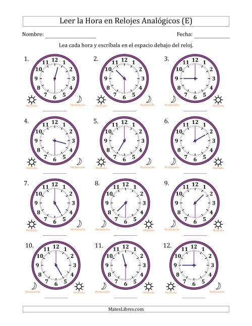 La hoja de ejercicios de Leer la Hora en Relojes Analógicos de 12 Horas en Intervalos de 30 Minuto (12 Relojes) (E)