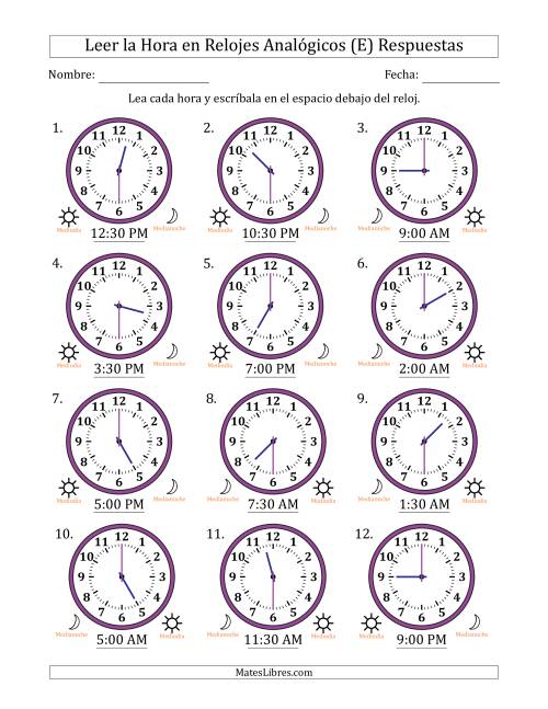 La hoja de ejercicios de Leer la Hora en Relojes Analógicos de 12 Horas en Intervalos de 30 Minuto (12 Relojes) (E) Página 2