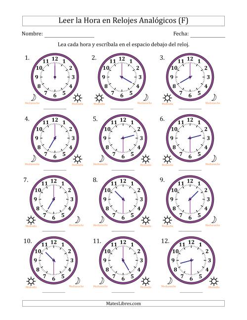 La hoja de ejercicios de Leer la Hora en Relojes Analógicos de 12 Horas en Intervalos de 30 Minuto (12 Relojes) (F)