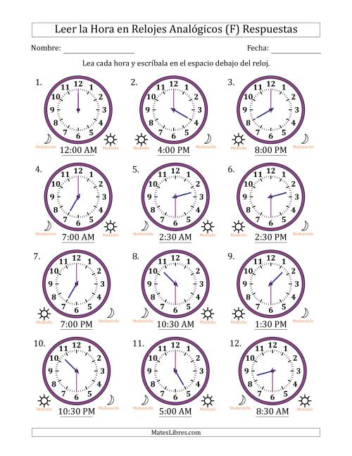 La hoja de ejercicios de Leer la Hora en Relojes Analógicos de 12 Horas en Intervalos de 30 Minuto (12 Relojes) (F) Página 2