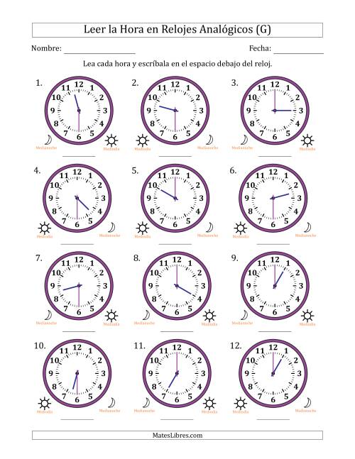 La hoja de ejercicios de Leer la Hora en Relojes Analógicos de 12 Horas en Intervalos de 30 Minuto (12 Relojes) (G)