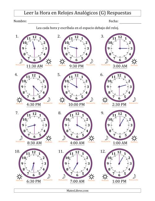 La hoja de ejercicios de Leer la Hora en Relojes Analógicos de 12 Horas en Intervalos de 30 Minuto (12 Relojes) (G) Página 2