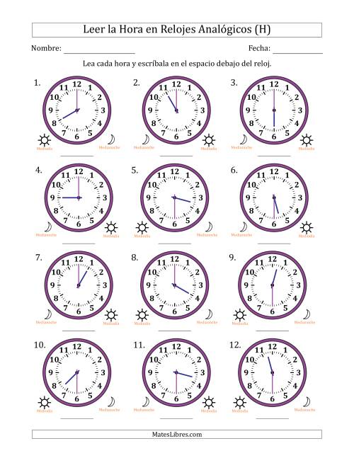 La hoja de ejercicios de Leer la Hora en Relojes Analógicos de 12 Horas en Intervalos de 30 Minuto (12 Relojes) (H)