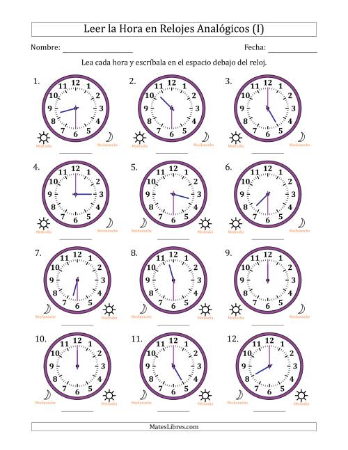 La hoja de ejercicios de Leer la Hora en Relojes Analógicos de 12 Horas en Intervalos de 30 Minuto (12 Relojes) (I)