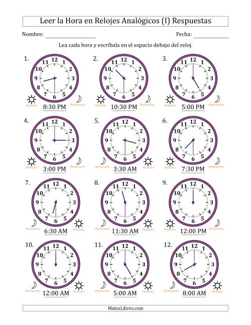 La hoja de ejercicios de Leer la Hora en Relojes Analógicos de 12 Horas en Intervalos de 30 Minuto (12 Relojes) (I) Página 2