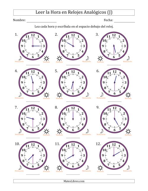 La hoja de ejercicios de Leer la Hora en Relojes Analógicos de 12 Horas en Intervalos de 30 Minuto (12 Relojes) (J)