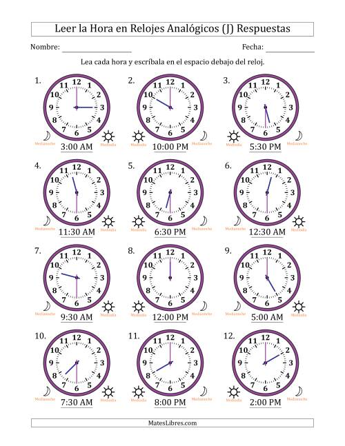 La hoja de ejercicios de Leer la Hora en Relojes Analógicos de 12 Horas en Intervalos de 30 Minuto (12 Relojes) (J) Página 2