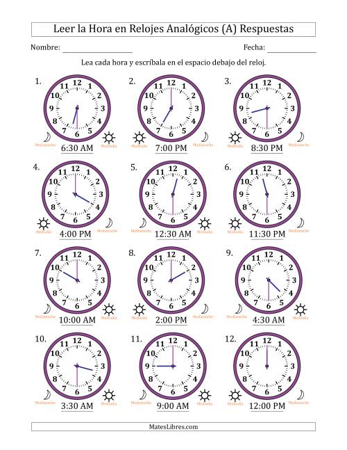La hoja de ejercicios de Leer la Hora en Relojes Analógicos de 12 Horas en Intervalos de 30 Minuto (12 Relojes) (Todas) Página 2