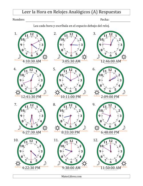 La hoja de ejercicios de Leer la Hora en Relojes Analógicos de 12 Horas en Intervalos de 30 Segundo (12 Relojes) (A) Página 2