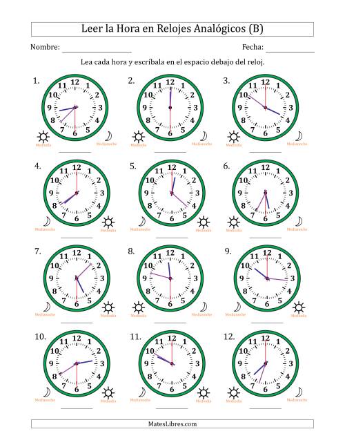 La hoja de ejercicios de Leer la Hora en Relojes Analógicos de 12 Horas en Intervalos de 30 Segundo (12 Relojes) (B)