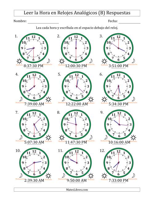 La hoja de ejercicios de Leer la Hora en Relojes Analógicos de 12 Horas en Intervalos de 30 Segundo (12 Relojes) (B) Página 2