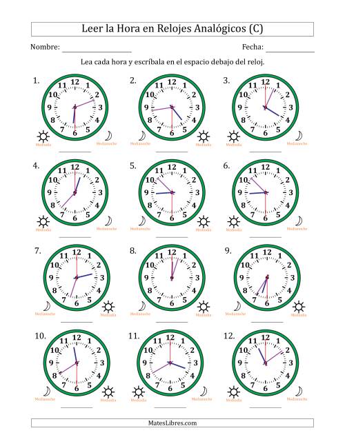La hoja de ejercicios de Leer la Hora en Relojes Analógicos de 12 Horas en Intervalos de 30 Segundo (12 Relojes) (C)