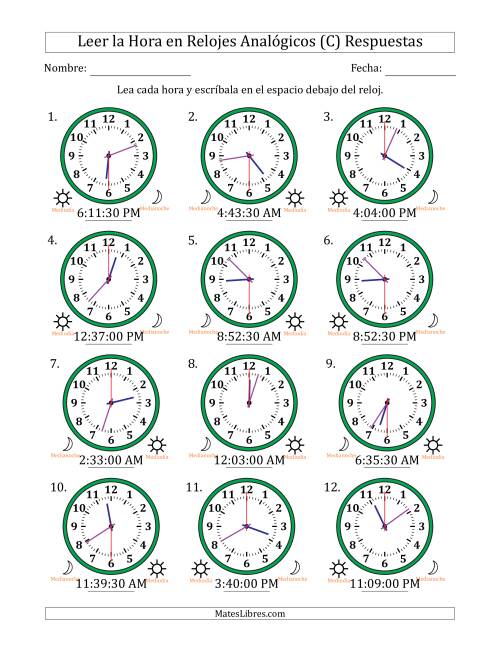 La hoja de ejercicios de Leer la Hora en Relojes Analógicos de 12 Horas en Intervalos de 30 Segundo (12 Relojes) (C) Página 2