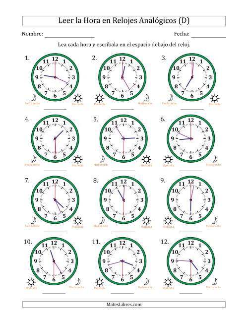La hoja de ejercicios de Leer la Hora en Relojes Analógicos de 12 Horas en Intervalos de 30 Segundo (12 Relojes) (D)