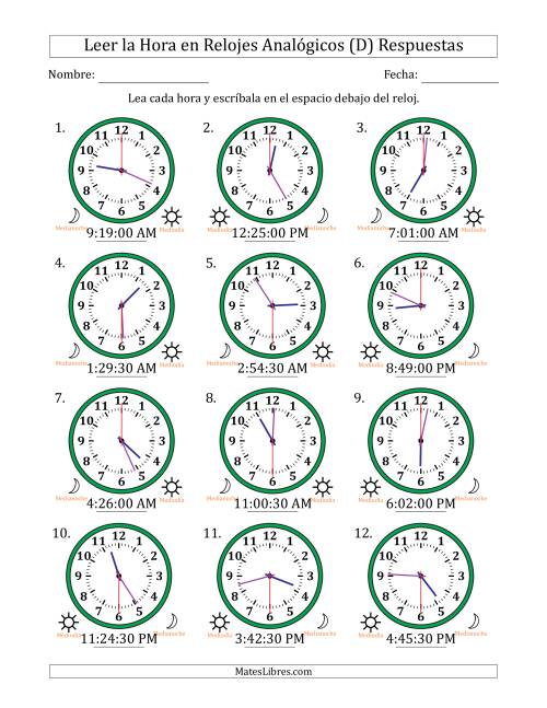 La hoja de ejercicios de Leer la Hora en Relojes Analógicos de 12 Horas en Intervalos de 30 Segundo (12 Relojes) (D) Página 2
