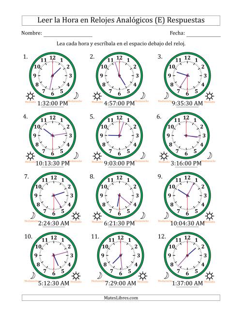 La hoja de ejercicios de Leer la Hora en Relojes Analógicos de 12 Horas en Intervalos de 30 Segundo (12 Relojes) (E) Página 2