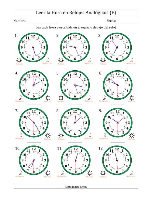 La hoja de ejercicios de Leer la Hora en Relojes Analógicos de 12 Horas en Intervalos de 30 Segundo (12 Relojes) (F)