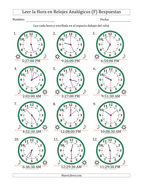 La hoja de ejercicios de Leer la Hora en Relojes Analógicos de 12 Horas en Intervalos de 30 Segundo (12 Relojes) (F) Página 2