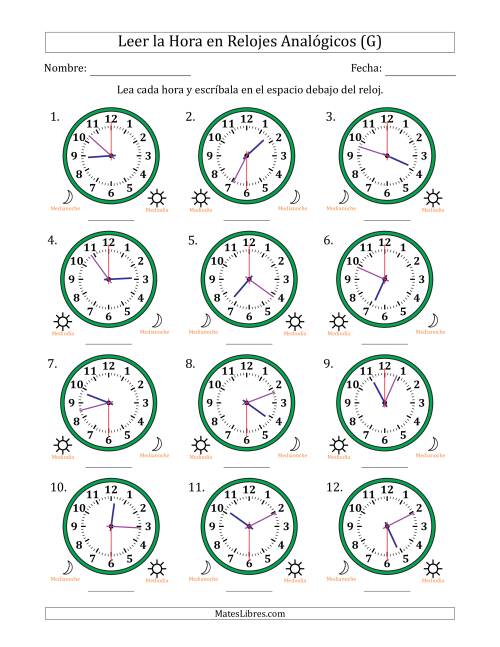 La hoja de ejercicios de Leer la Hora en Relojes Analógicos de 12 Horas en Intervalos de 30 Segundo (12 Relojes) (G)