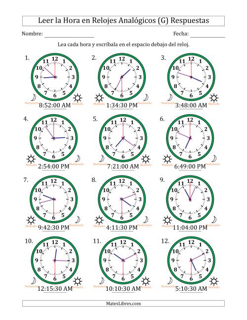 La hoja de ejercicios de Leer la Hora en Relojes Analógicos de 12 Horas en Intervalos de 30 Segundo (12 Relojes) (G) Página 2