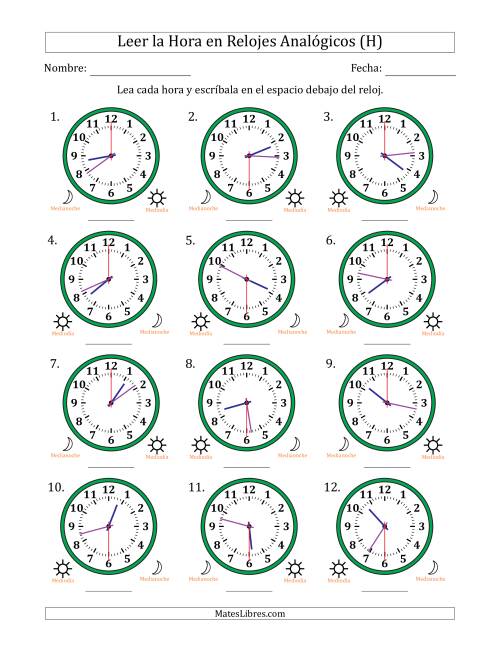 La hoja de ejercicios de Leer la Hora en Relojes Analógicos de 12 Horas en Intervalos de 30 Segundo (12 Relojes) (H)