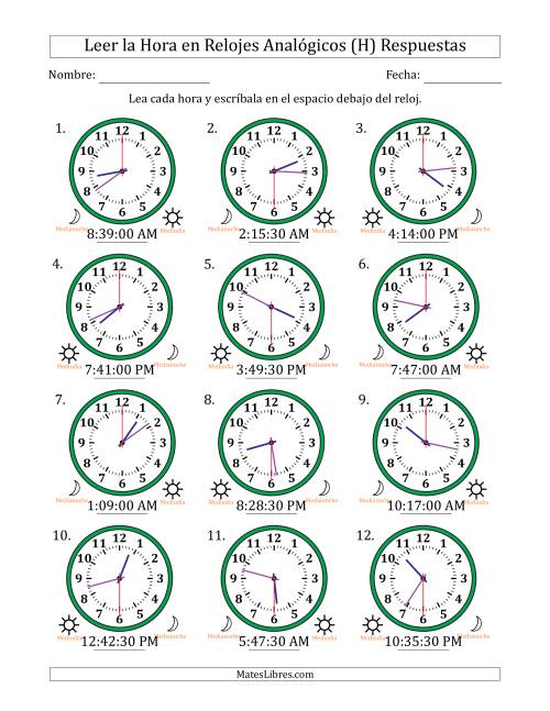 La hoja de ejercicios de Leer la Hora en Relojes Analógicos de 12 Horas en Intervalos de 30 Segundo (12 Relojes) (H) Página 2