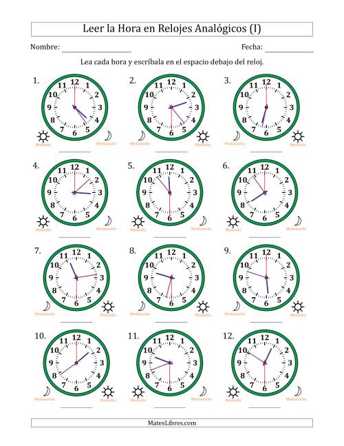 La hoja de ejercicios de Leer la Hora en Relojes Analógicos de 12 Horas en Intervalos de 30 Segundo (12 Relojes) (I)