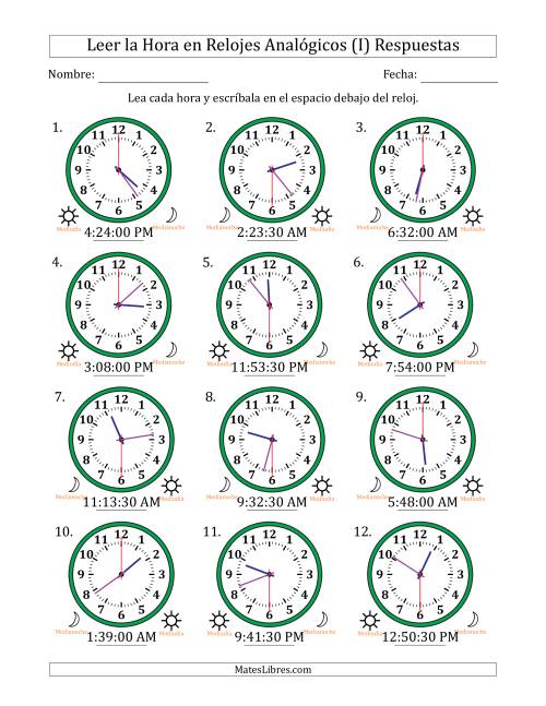 La hoja de ejercicios de Leer la Hora en Relojes Analógicos de 12 Horas en Intervalos de 30 Segundo (12 Relojes) (I) Página 2