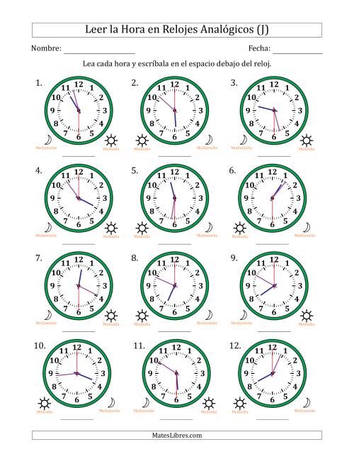 La hoja de ejercicios de Leer la Hora en Relojes Analógicos de 12 Horas en Intervalos de 30 Segundo (12 Relojes) (J)