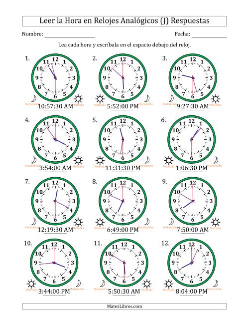La hoja de ejercicios de Leer la Hora en Relojes Analógicos de 12 Horas en Intervalos de 30 Segundo (12 Relojes) (J) Página 2