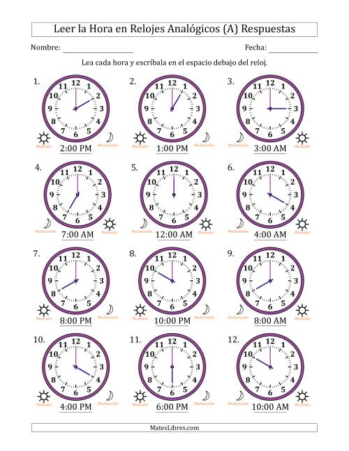 La hoja de ejercicios de Leer la Hora en Relojes Analógicos de 12 Horas en Intervalos de 1 Hora (12 Relojes) (A) Página 2
