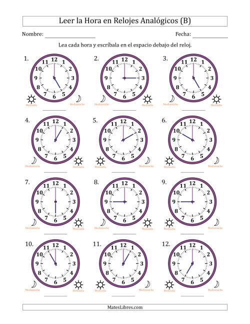 La hoja de ejercicios de Leer la Hora en Relojes Analógicos de 12 Horas en Intervalos de 1 Hora (12 Relojes) (B)