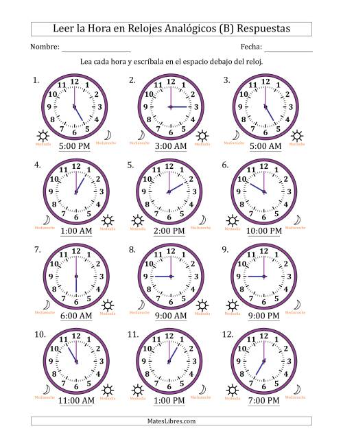 La hoja de ejercicios de Leer la Hora en Relojes Analógicos de 12 Horas en Intervalos de 1 Hora (12 Relojes) (B) Página 2