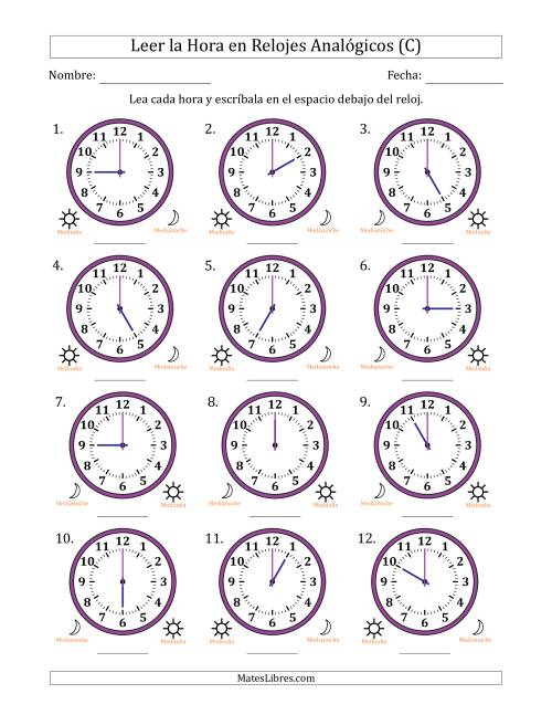La hoja de ejercicios de Leer la Hora en Relojes Analógicos de 12 Horas en Intervalos de 1 Hora (12 Relojes) (C)