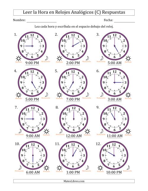 La hoja de ejercicios de Leer la Hora en Relojes Analógicos de 12 Horas en Intervalos de 1 Hora (12 Relojes) (C) Página 2