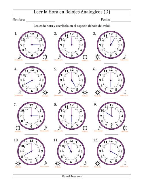 La hoja de ejercicios de Leer la Hora en Relojes Analógicos de 12 Horas en Intervalos de 1 Hora (12 Relojes) (D)