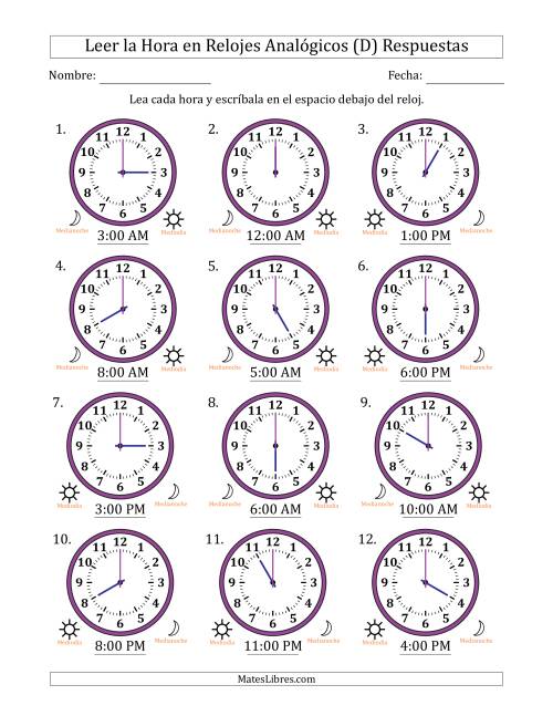 La hoja de ejercicios de Leer la Hora en Relojes Analógicos de 12 Horas en Intervalos de 1 Hora (12 Relojes) (D) Página 2