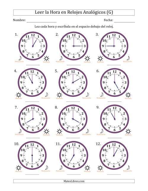La hoja de ejercicios de Leer la Hora en Relojes Analógicos de 12 Horas en Intervalos de 1 Hora (12 Relojes) (G)