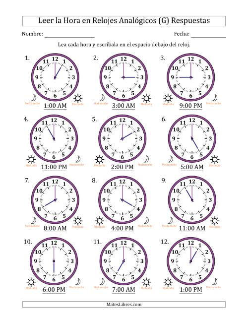 La hoja de ejercicios de Leer la Hora en Relojes Analógicos de 12 Horas en Intervalos de 1 Hora (12 Relojes) (G) Página 2